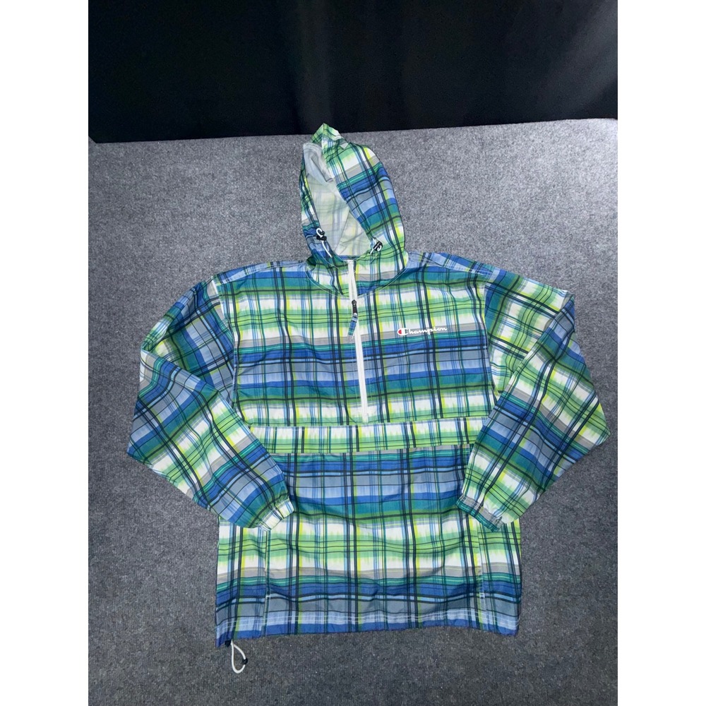 Champion Mens Plaid Windbreaker Jacket Green Blue Quarter Zip Hooded Pullover